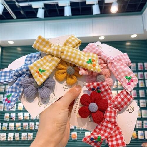 Fashion Children Simple Cute Embroidery Cherry Bow Duckbill Clip Sweet Girl Beautiful Fabric Flower Hairpins Hair Accessories