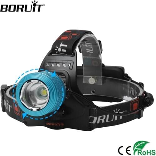 BORUIT RJ-2800 T6 LED 2000LM Headlight 3 Modes Zoom Headlamp Use 18650 Battery Head Torch Waterproof Camping Hunting Lantern