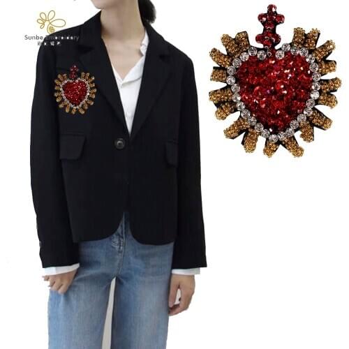 Handmade Beaded Rhinestone Heart Patches Sew on Red Sequin Badge 5 pieces