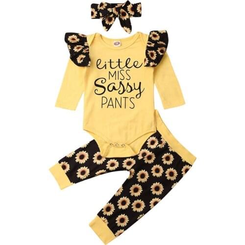 Toddler Girl Clothes Infant Baby Kid Girls Sunflower Bodysuit Pants Headband 3pcs Cotton Autumn Clothes Sets
