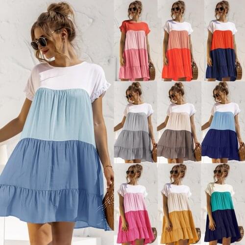Echoine Color Patchwork Print Short Ruffle Sleeve Summer Mini Dresses Pleated Elegant Party Clubwear Vintage Vestidos Sundress