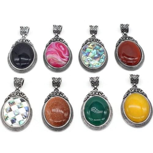 Natural stone Pendant Vintage Metal Alloy Oval Shape Exquisite charms For jewelry making DIY Necklace accessories 40x60mm