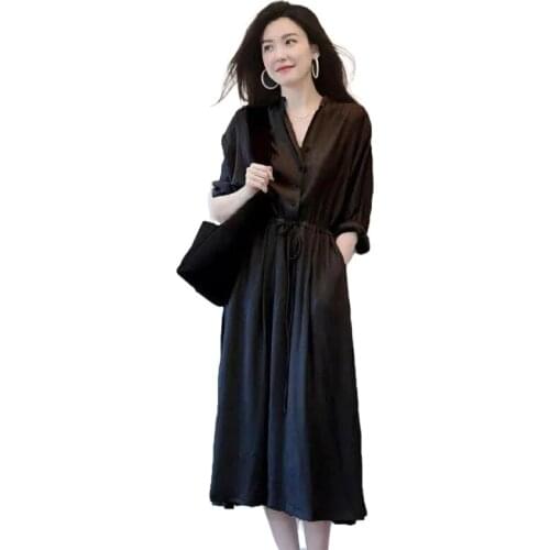 Plus Size Elegant Fashion Retro Loose V-Neck Solid Color Dress Spring Autumn New Women Dresses