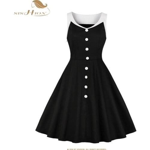 SISHION 50s Retro Dress Women Elegant Sleeveless Black Summer Dress New single-breasted High Waist Hepburn style Dresses SP1151