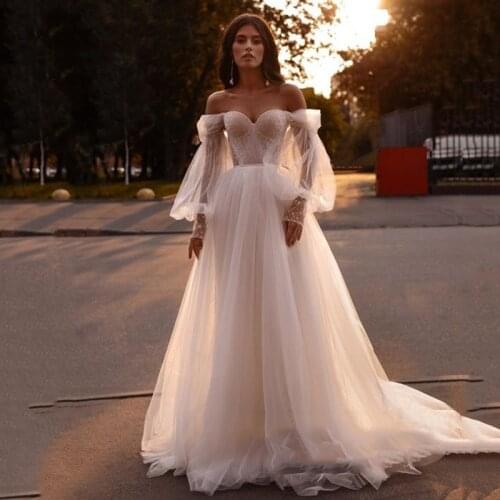 Wedding Dress Off The Shoulder Beach Lace Sweetheart Puffy Sleeves Princess Wedding Gown Boho Bride Dresses Vestido De Noiva
