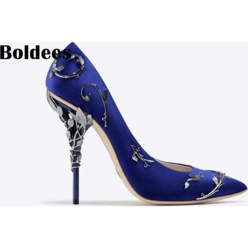 Fashion metal leaf decorations high heel shoes sexy pointed toe pumps woman spring newest high heel shoes dress shoes
