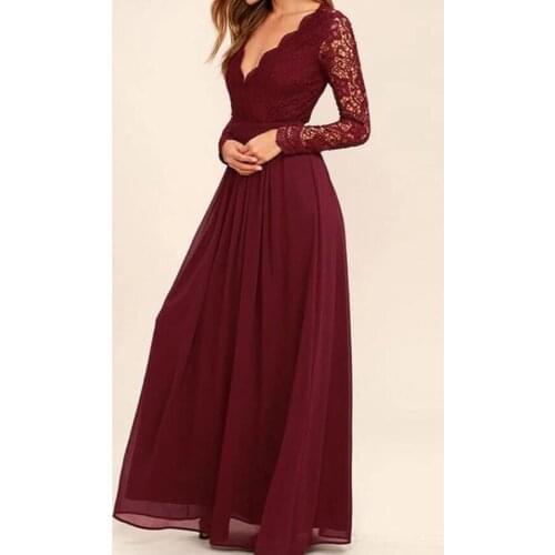 A Line Vintage Burugundy Bridesmaid Dress Long Sleeves V Neck Wedding Party Dress