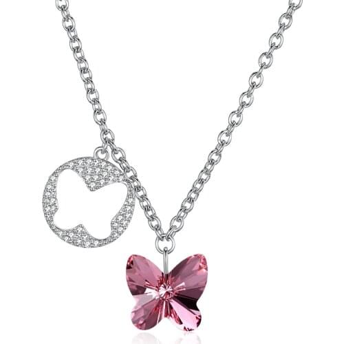 ZEMIOR 925 Sterling Silver Pendant Necklaces For Women Butterfly Round Romantic Austria Crystal Female Necklace New Arrival