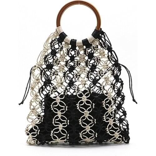 Women Handmade Woven Straw Handbag with Wooden Handle Hollow Out Contrast Color Striped Fishing Net Beach Vacation Tote Bag