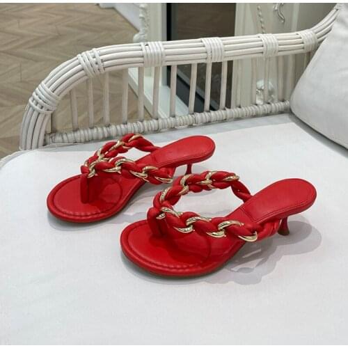 Summer ladies high-heeled slippers with metal chain decoration round toe stiletto high heels fashion party high-heeled slippers