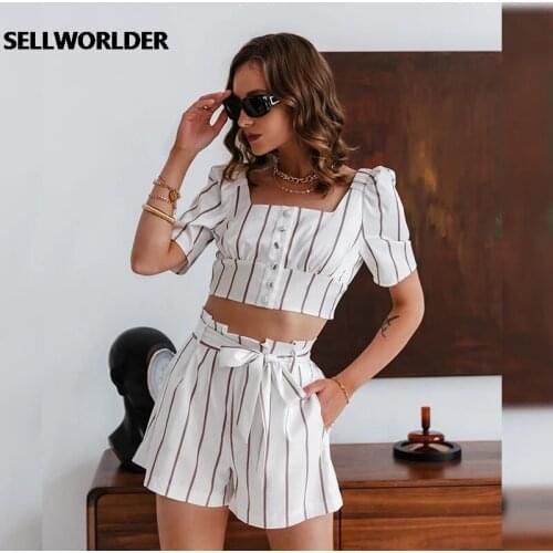 Women set Office Lady Summer Puff Sleeve Crop top Casual Stripe Sash two pieces Flower bud Shorts Button Square Suit New