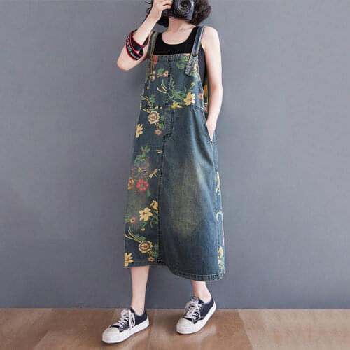2021 Retro Print Stitching Denim Strap Dress Female Summer Loose Casual Sleeveless Large Size Mid-Length Suspender Dress zh1237