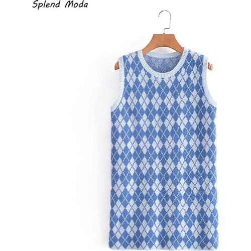 Splend Moda French Vintage Fashion Autumn Women Dress Knit O-Neck Sleeveless College Style Plaid Straight Mini Dresses Vestido