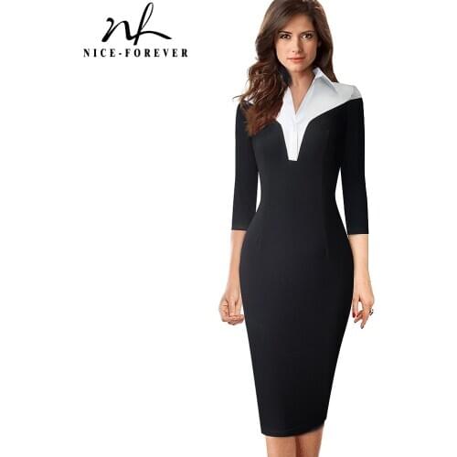 Nice-forever Spring Women Contrast Color Patchwork Vinatge Work Dresses Office Business Fitted Slim Pencil Dress btyB420