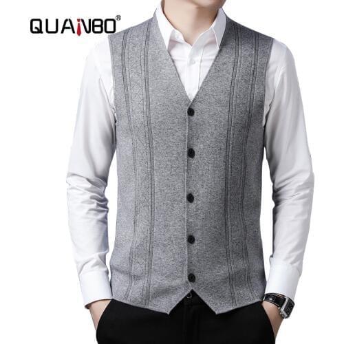 QUANBO 2020 Autumn Winter Mens Top Quality Sheep Wool V-Neck Sweater Vest Fashion Casual Thin Solid Color Sleeveless Vest