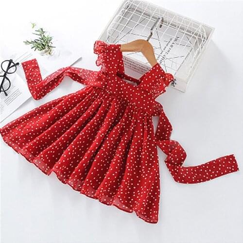2021 Cute Girls Clothes Summer Princess Dress Sleeveless Dot Bow Kids Clothes Ribbon High Waist Dresses