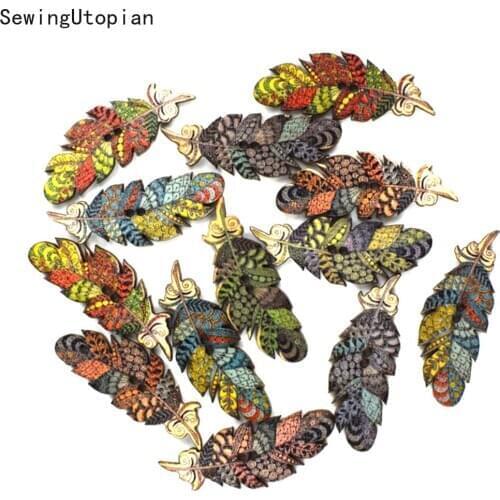 50PCS 2 Hole Indian Feather Wood Buttons for Sewing Scrapbook Clothing Crafts DIY Handwork Card Accessories Wooden Button