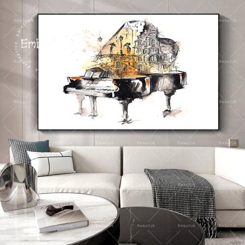 Watercolor canvas painting Piano Guitar Violin Oil Painting Modern Music Instrument Wall Art Painting for Living Room