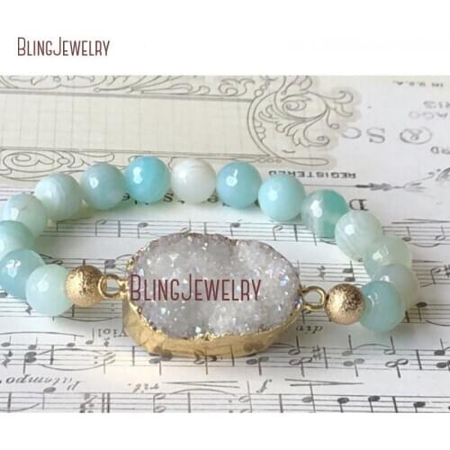 White Druzy Stretch Bracelet Robins Egg Blue Agates Bracelet Raw Crystal Quartz Charm Women Bracelet BM33680