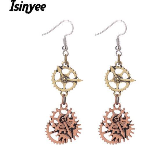 ISINYEE Fashion Steampunk Gears Alarm Clock Circle Earrings For Women Vintage Gold Silver Steam Punk Jewelry Wholesale