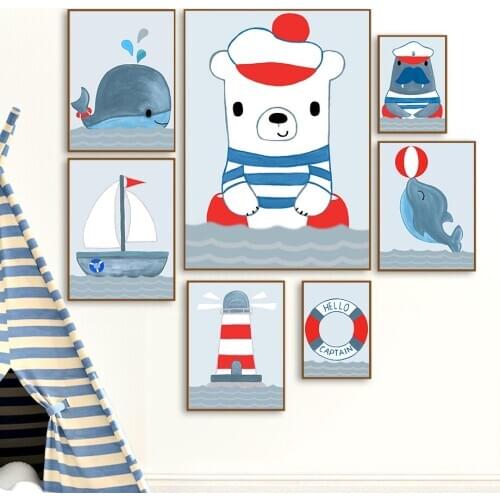 Cartoon Sailor Sea Lion Dolphin Bear Wall Art Canvas Painting Nordic Posters And Prints Animal Wall Pictures For Kids Room Decor
