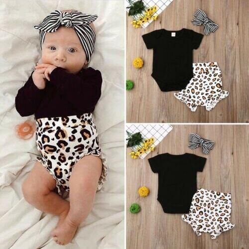 2019 Toddler Kids 3pcs Clothing Set Leopard Printing Baby Girl Infant Short Sleeve Romper Tops Pants Outfits