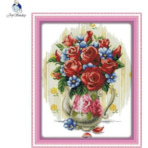 Joy Sunday Rose Flower Vase Cross Stitch Kit DIY Flower Pattern 14CT 11CT Count Canvas Printing Embroidery Set Needlework Crafts