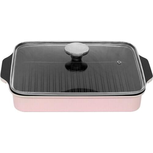 Korean barbecue roasting meat pan iron plate household electromagnetic oven BBQ fish steak rectangular non-stick glass lid