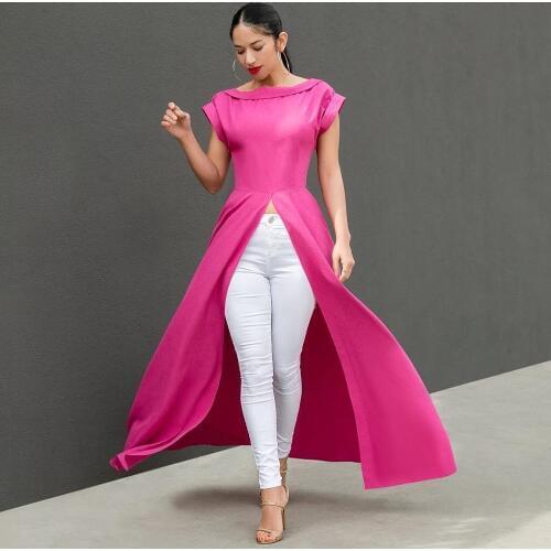 AHVIT Fashion Solid Color Hight Side Split Sexy Women Dress Short Sleeve Round Collar Elegant Party Maxi Dress QM3716