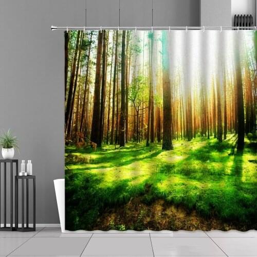 Natural Landscape Cloth Curtain Set Green Plants Tree Forest 3D Printing Bathroom Bathtub Background Wall Decoration Waterproof