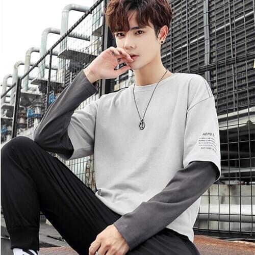 Spring new youth loose long sleeve t-shirt mens pure cotton versatile thin student fashion mens junior high school students