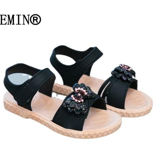 2021 Summer New Girls Sandals Beach Leisure British Style Velcro Sequined Bow Comfortable Korean Childrens Shoes