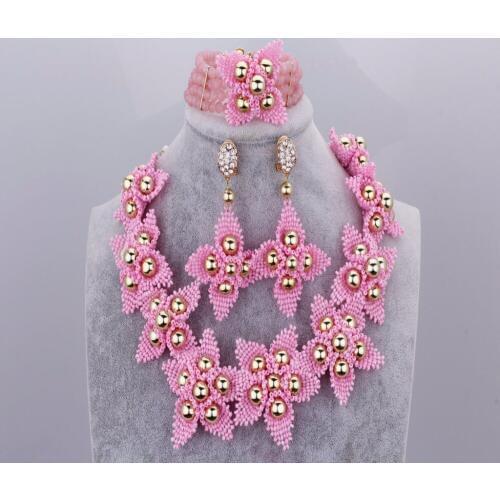 New Arrival Pink Beads Crystal Nigerian African Wedding Necklace Set Dubai Costume Party Jewelry Set For Bride Accessories Store