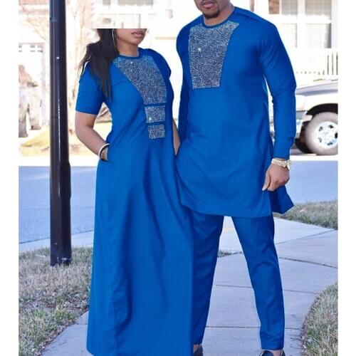 H&D african couple clothes suits long dresses for women african men dashiki shirt pant set 2020 new clothing with shining stones