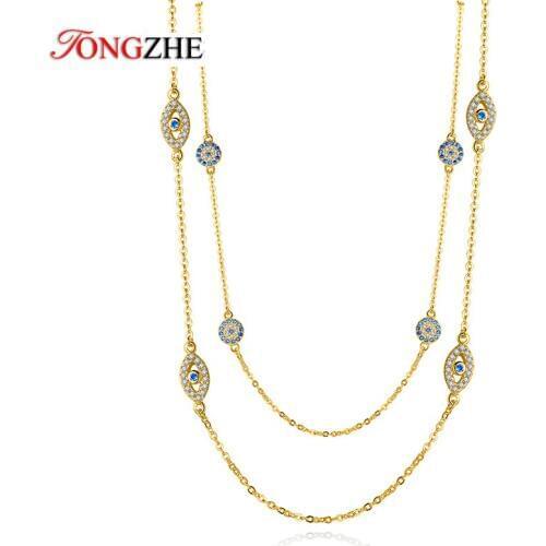TONGZHE Personality Evil Eye Pendant Necklace 925 Sterling Silver Long Chain Crystal Turkish Necklaces Women Girls Luck Jewelry