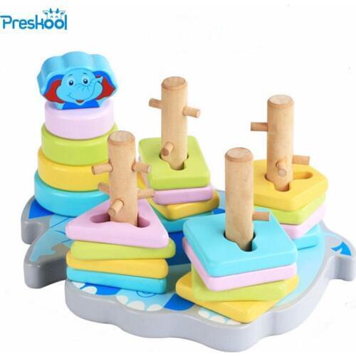 Preskool Wood Blocks 5 Pillars Color Shape Matching Education Toy For Children Cartoon Elephant Shape Toys