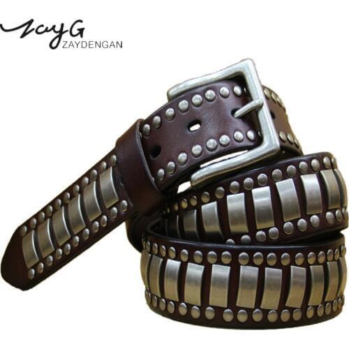 ZAYG Fashion Metal Rivets Belt Women&Men Hot Luxury Designer Punk Leather Belts Unisex Hip Hop Strap Men and Woman Jeans Belt