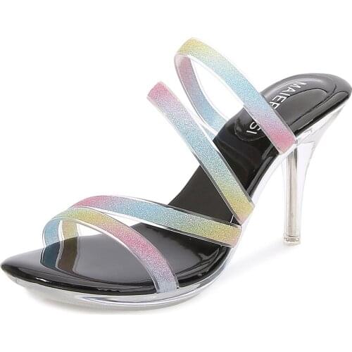Transparent sole Women Sandals Color adhesive tape Slippers 8cm Thin heel Sandalen Pumps zapatos mujer Woman Slippers Para Mujer