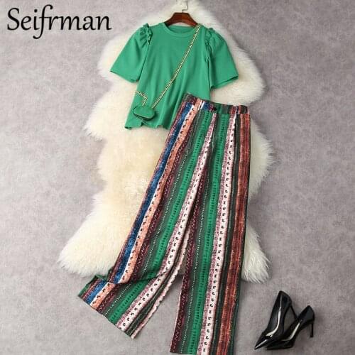 Seifrmann New 2021 Summer Women Fashion Runway Pants Set Short Sleeve Solid Tops+High Waist Print Long Pants 2 Two Pieces Suits