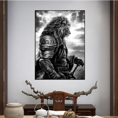 Modern Interior Decoration Canvas Painting of A Lion Dressed Up By An Ancient Chinese Military Commander(No Frame)