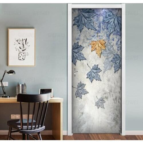 3D Modern Plant Maple Leaf Door Stickers Gray Blue Background Bedroom Home Decoration Poster PVC Waterproof Self-adhesive