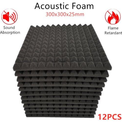 12PCS Studio Acoustic Foam High Density Flame Retardant Soundproofing Protective Sponge Pyramid Absorption Panel 300x300x25mm