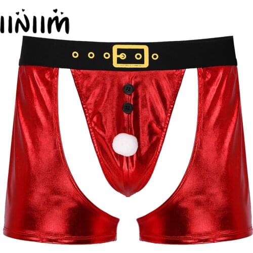 Mens Glossy Faux Leather Christmas Claus Santa Underpants Faux Fur Ball Decor Bulge Pouch Underwear Cutout Novelty Boxer Shorts