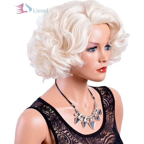 Uenel Short Big Curly Wavy Layered Wigs for Women Cosplay Party Costume Synthetic Fiber Platinum Blond Hair Halloween Wig