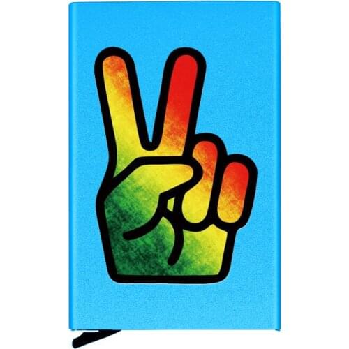 Unique Blue Metal Case Victory Sign Printing Credit Card Holder Men Slim Anti Protect Travel ID Cardholder Women Rfid Wallet