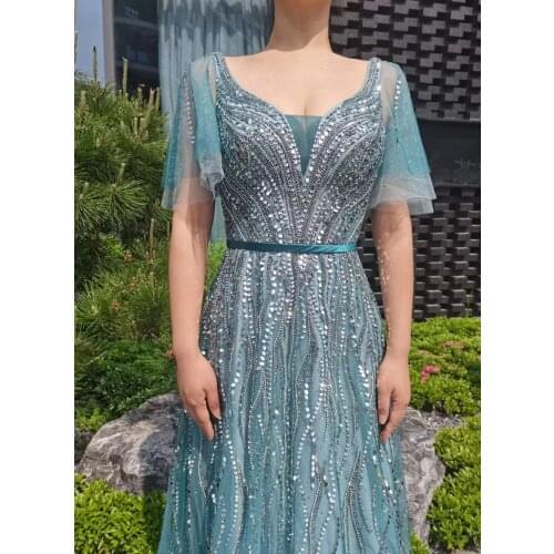 Green V-Neck Fashion Ladies Bling Bling With Belt Evening Party Dark Gowns A-Line For Women Wedding Party Graduation Formal