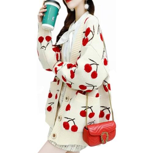 Y2k Sweater Knitted Cardigan Women Spring New Thick Loose Roving Cherry Embroidery Knitted Cardigan Thick Coat 2021