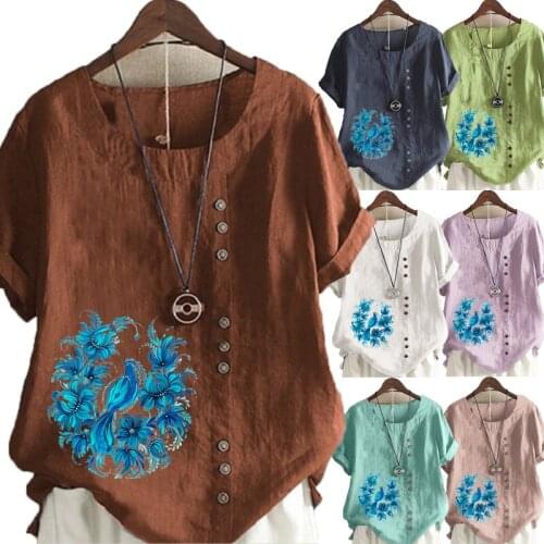 Womens Linen Shirt Round Collar Floral Printed T-shirt Short Sleeve Casual Shirt Ladies Plus Size Looes Tops & Blouses