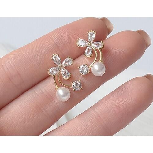 2020 Simple Charm Tiny Flowers Earrings for Women 14K Real Gold AAA zriconia Pearl Stud Earrings Wedding Jewelry Pendant