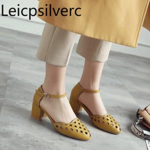 Pumps Spring and autumn new style Round head Shallow mouth Buckle Thick heel mid heel Womens Single shoes plus size 32-46